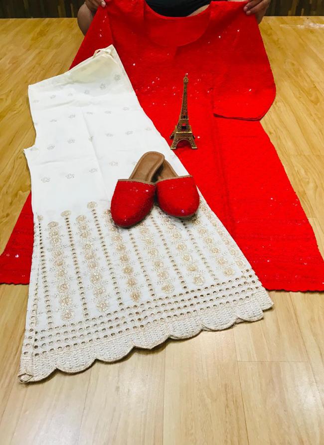 Red Pure Cotton Festival Wear Chiikankari Kurti With Sharara